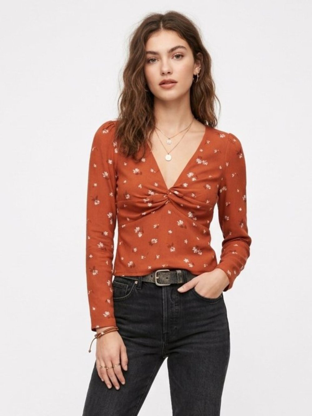Abercrombie Twist Front V-Neck Long Sleeve Floral Top Rust – Size S EUC